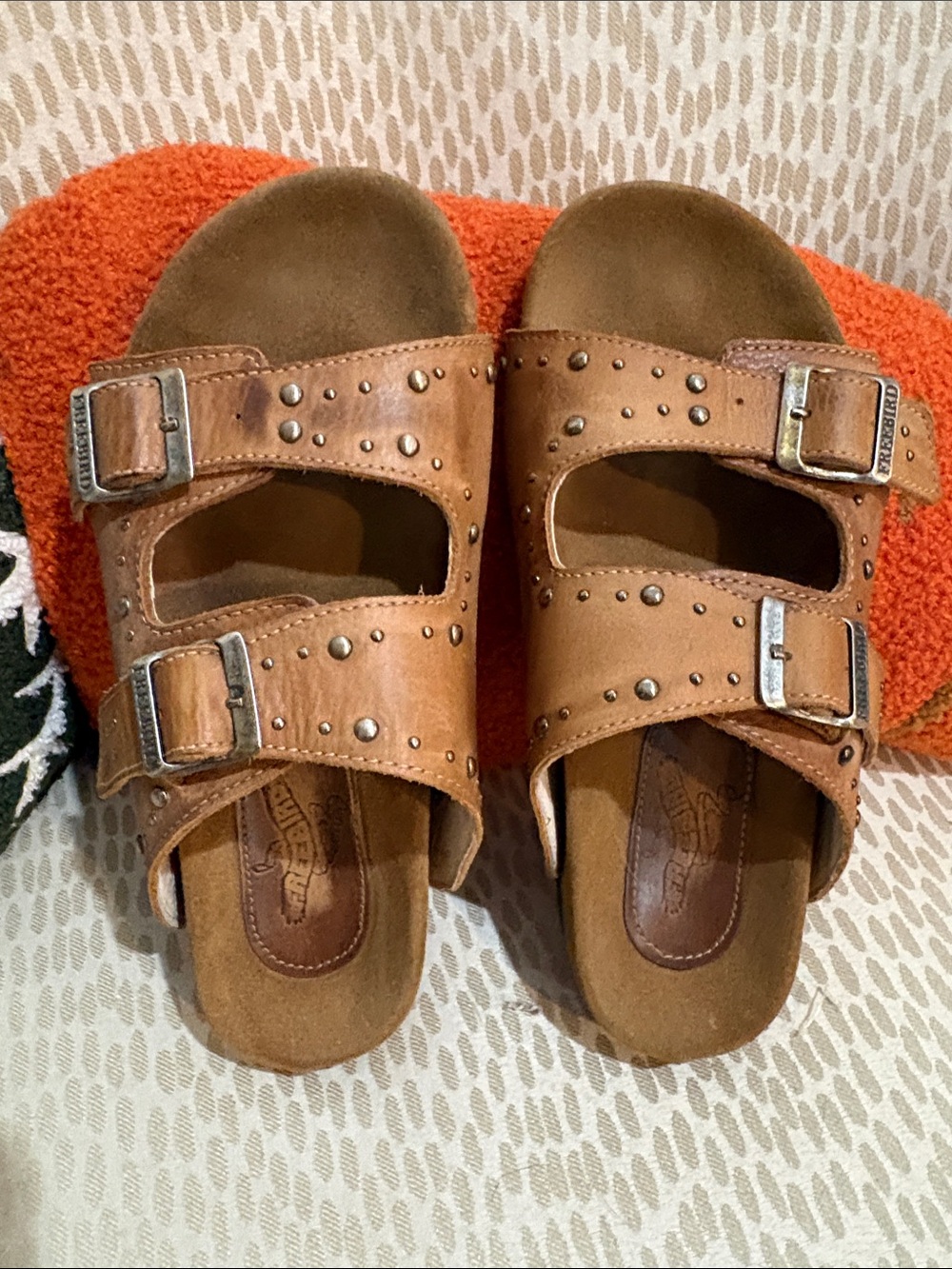 freebird Tan Studded Double-Buckle Slide Sandals